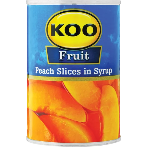 Koo Canned Fruit – Peach Halves in Syrup 410g  Decorate cakes and tarts, serve on a kebab or add our KOO Peach Halves in Syrup to custard and jelly for a mouth-watering desert.