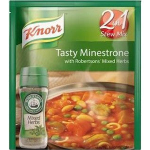 Knorr Tasty Packet Soup - Minestrone w/Mixed Herbs 50g  Knorr Tasty Minestrone Soup 2in1 Stew Mix with Robertsons Mixed Herbs is a richly flavoured stew mix with sustainably grown vegetables and herbs that you need to make your stews tasty. 